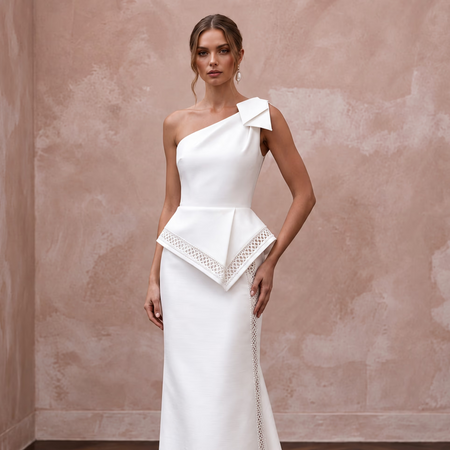 Minimalist White Silk Mikado One-Shoulder Architectural Gown