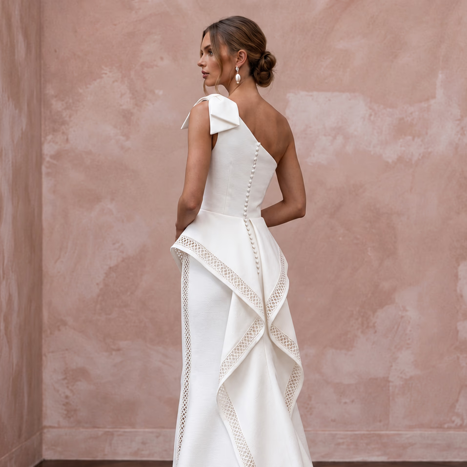 Minimalist White Silk Mikado One-Shoulder Architectural Gown