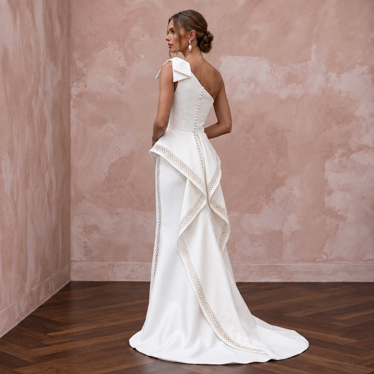 Minimalist White Silk Mikado One-Shoulder Architectural Gown