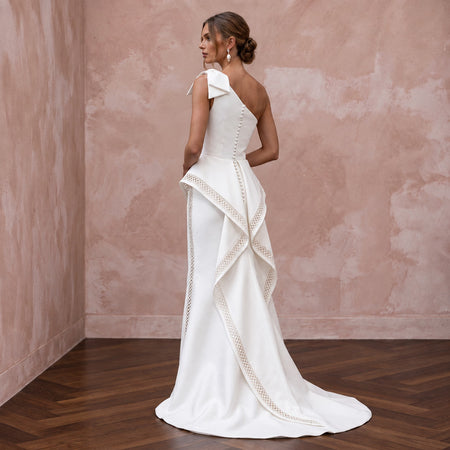Minimalist White Silk Mikado One-Shoulder Architectural Gown