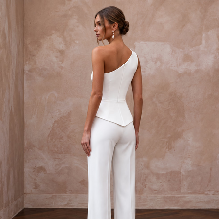 Minimalist White Stretch Crepe Asymmetrical Neckline Bridal Jumpsuit