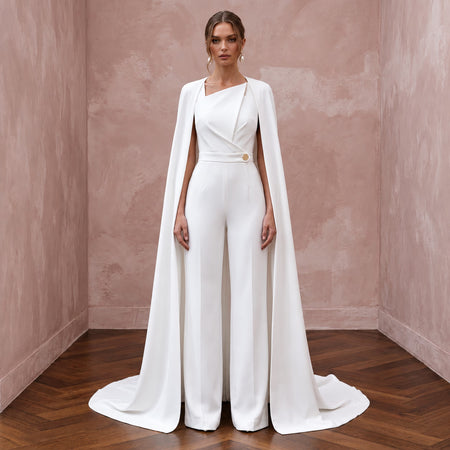 Minimalist White Stretch Crepe Tailored Bridal Jumpsuit with Cape - Apparel & Accessories > Clothing > Wedding & Bridal Party Dresses > Wedding Dresses - Mignonette Bridal