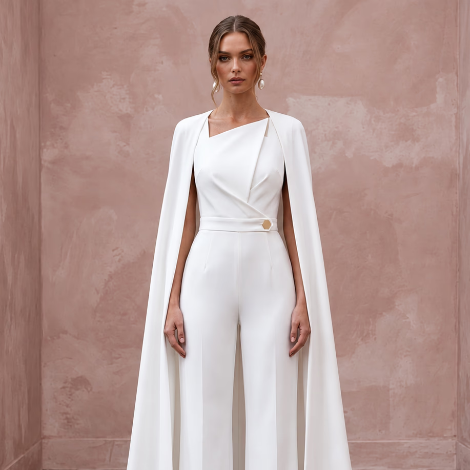 Minimalist White Stretch Crepe Tailored Bridal Jumpsuit with Cape - Apparel & Accessories > Clothing > Wedding & Bridal Party Dresses > Wedding Dresses - Mignonette Bridal