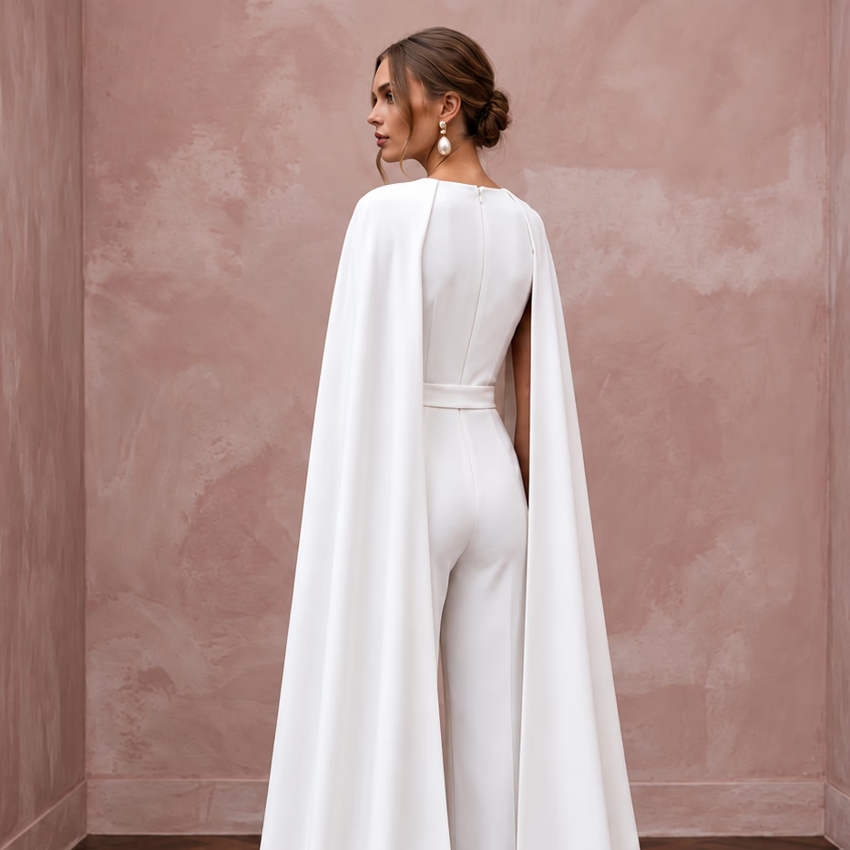 Minimalist White Stretch Crepe Tailored Bridal Jumpsuit with Cape - Apparel & Accessories > Clothing > Wedding & Bridal Party Dresses > Wedding Dresses - Mignonette Bridal
