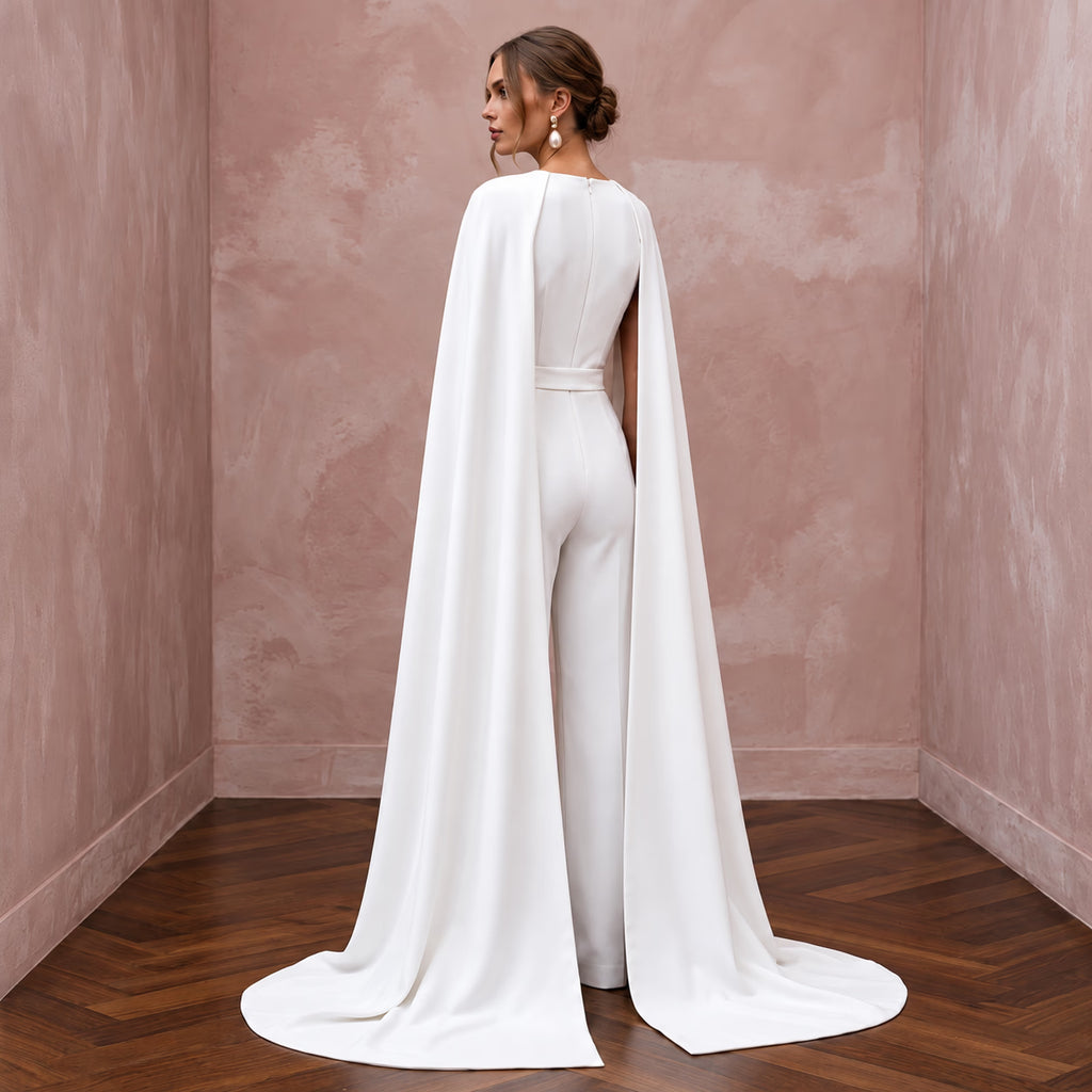 Minimalist White Stretch Crepe Tailored Bridal Jumpsuit with Cape - Apparel & Accessories > Clothing > Wedding & Bridal Party Dresses > Wedding Dresses - Mignonette Bridal