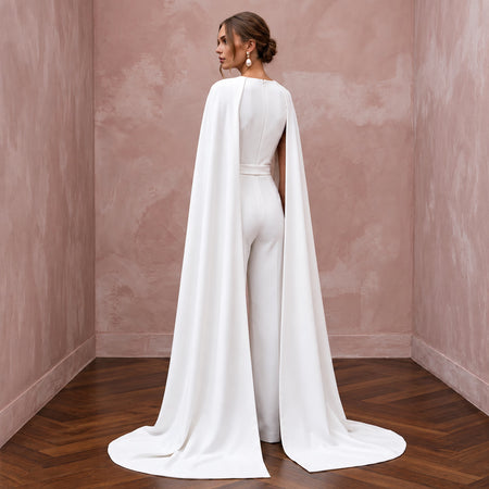 Minimalist White Stretch Crepe Tailored Bridal Jumpsuit with Cape - Apparel & Accessories > Clothing > Wedding & Bridal Party Dresses > Wedding Dresses - Mignonette Bridal