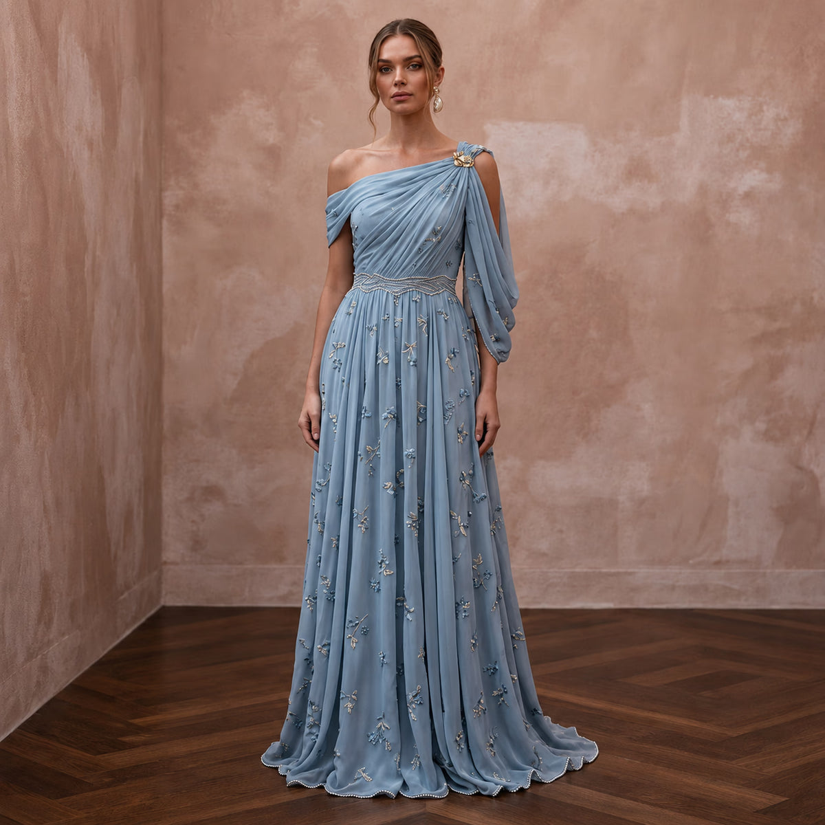 Misty Blue Chiffon Grecian Dress for Something Blue Rehearsal - Apparel & Accessories > Clothing > Wedding & Bridal Party Dresses > Wedding Dresses - Mignonette Bridal Main image