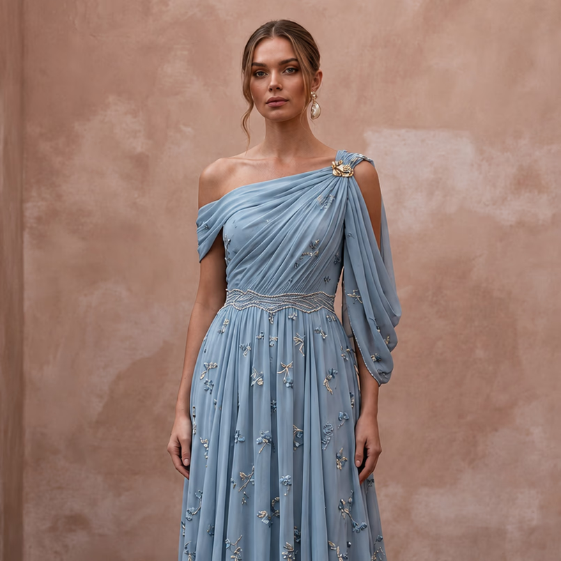 Misty Blue Chiffon Grecian Dress for Something Blue Rehearsal - Apparel & Accessories > Clothing > Wedding & Bridal Party Dresses > Wedding Dresses - Mignonette Bridal