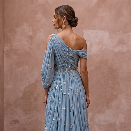 Misty Blue Chiffon Grecian Dress for Something Blue Rehearsal - Apparel & Accessories > Clothing > Wedding & Bridal Party Dresses > Wedding Dresses - Mignonette Bridal