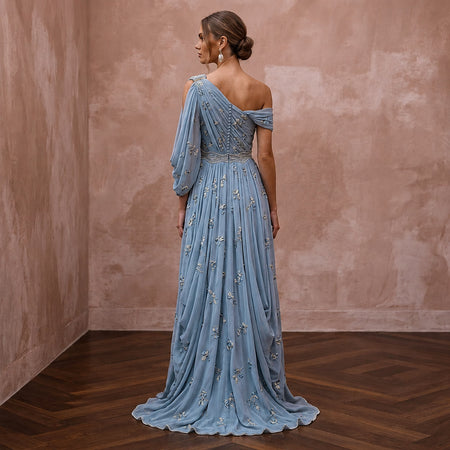 Misty Blue Chiffon Grecian Dress for Something Blue Rehearsal - Apparel & Accessories > Clothing > Wedding & Bridal Party Dresses > Wedding Dresses - Mignonette Bridal