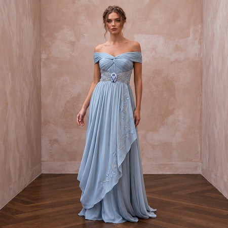 Misty Blue Chiffon Grecian Wedding Dress for Something Blue Rehearsal