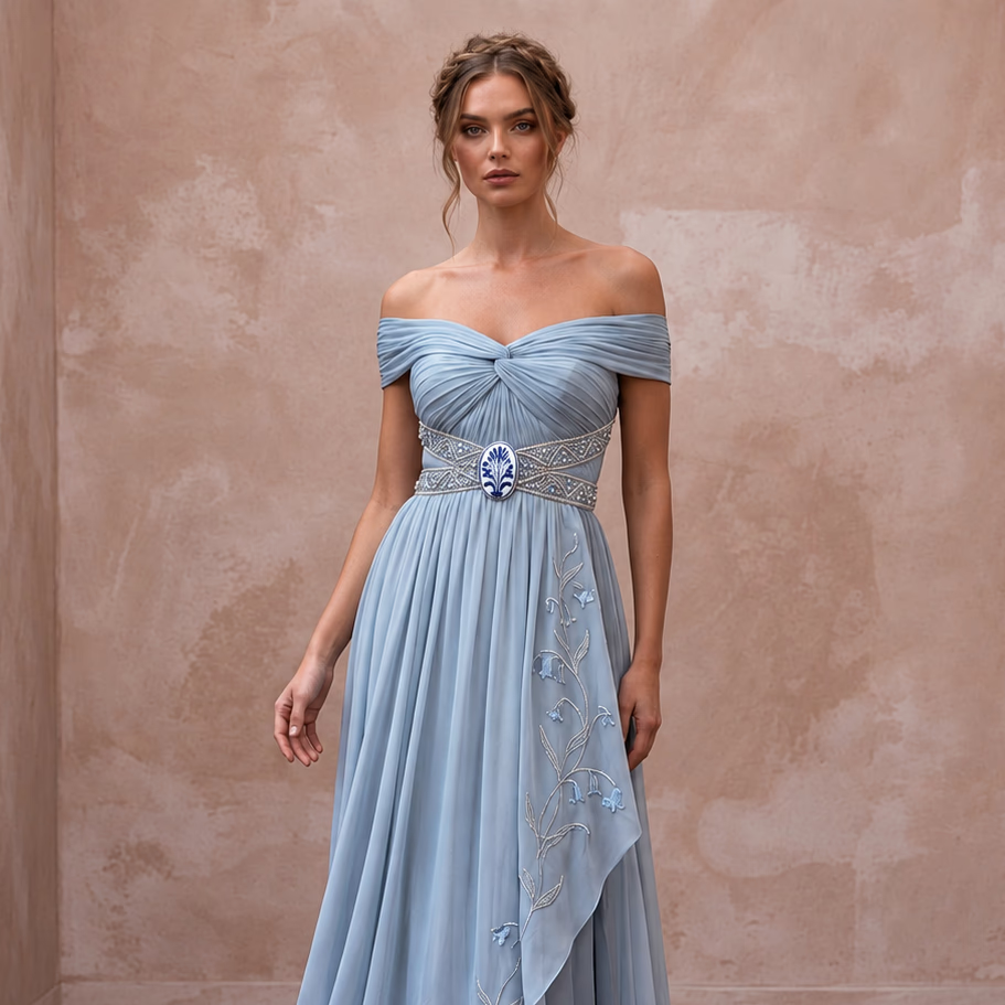 Misty Blue Chiffon Grecian Wedding Dress for Something Blue Rehearsal