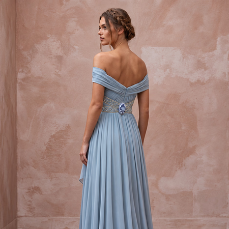 Misty Blue Chiffon Grecian Wedding Dress for Something Blue Rehearsal