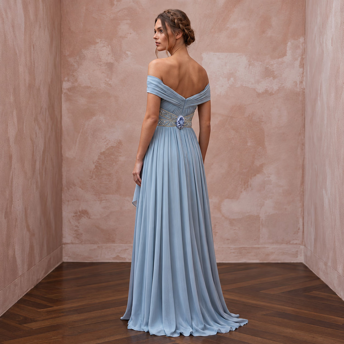 Misty Blue Chiffon Grecian Wedding Dress for Something Blue Rehearsal