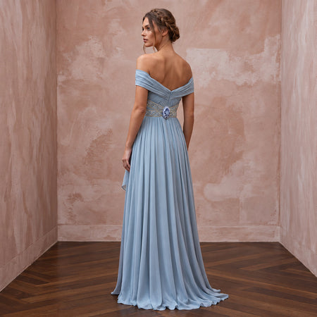 Misty Blue Chiffon Grecian Wedding Dress for Something Blue Rehearsal
