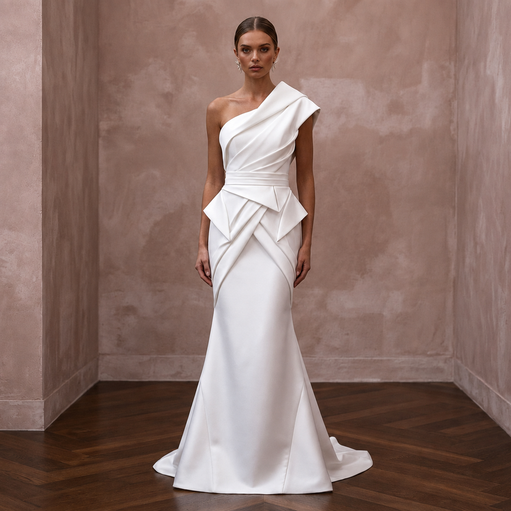 Modern Bridal Dresses with Architectural Satin Designs