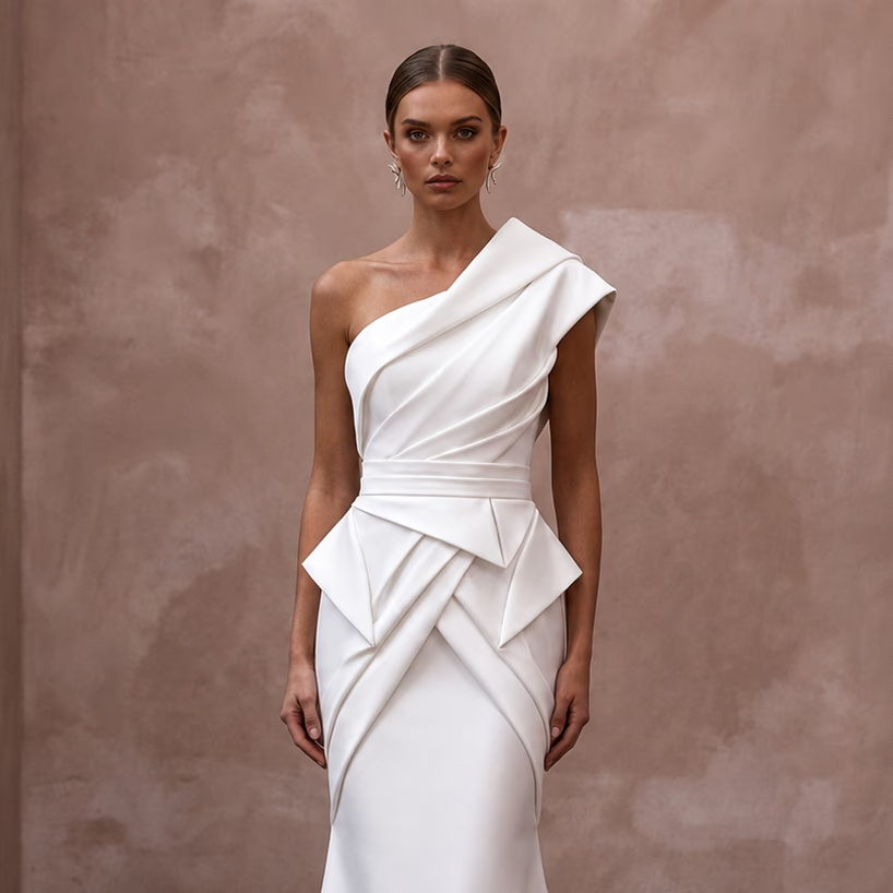 Modern Bridal Dresses with Architectural Satin Designs - Apparel & Accessories > Clothing > Wedding & Bridal Party Dresses > Wedding Dresses - Mignonette Bridal