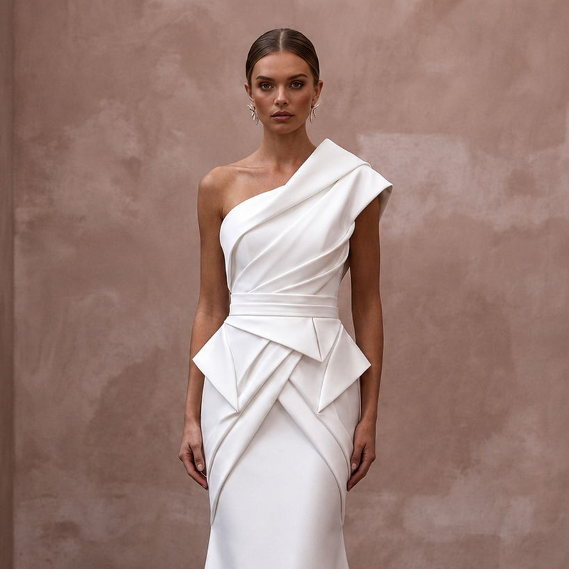 Modern Bridal Dresses with Architectural Satin Designs