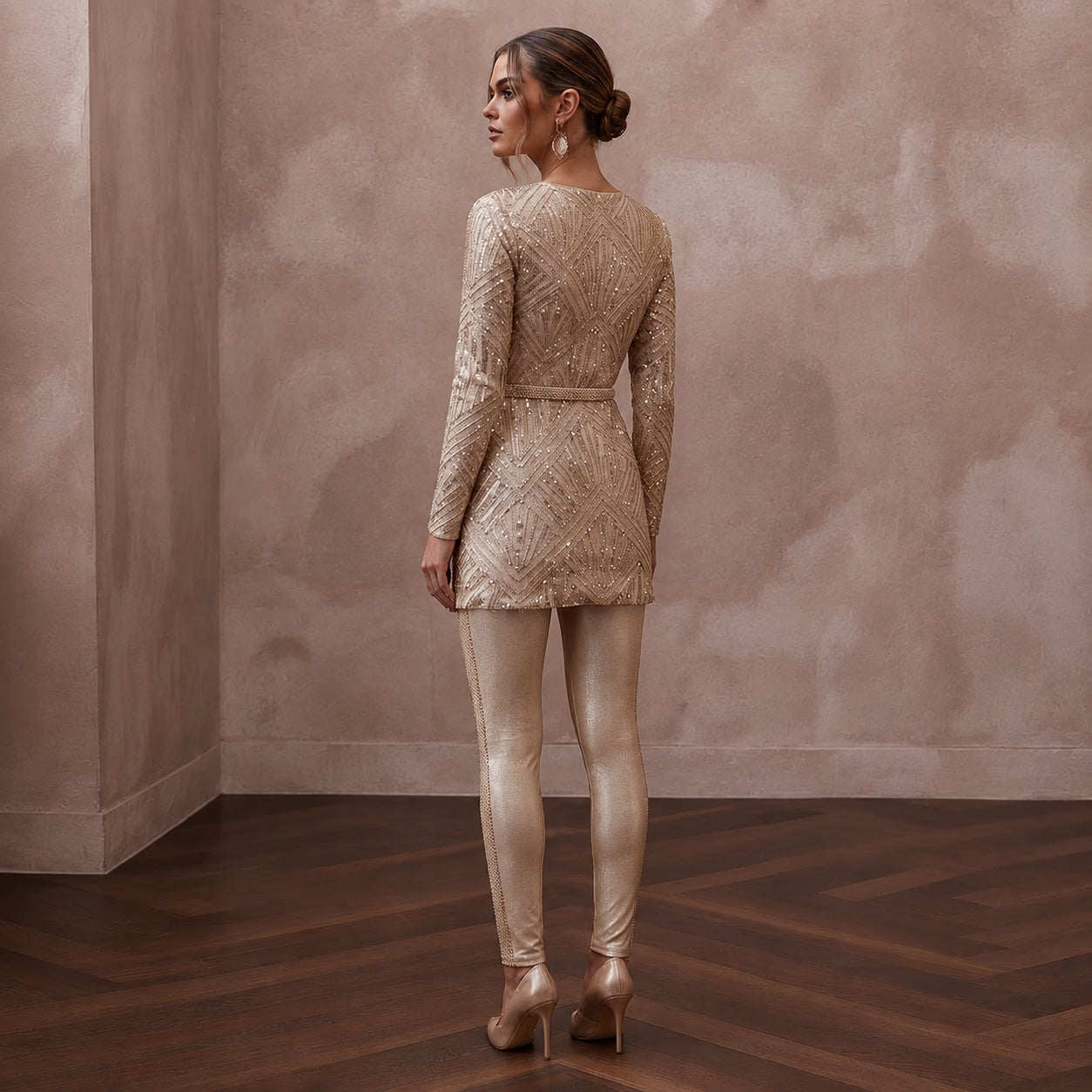 Modern Champagne Sequined Tunic & Legging Set for NYE Elopement Secondary image