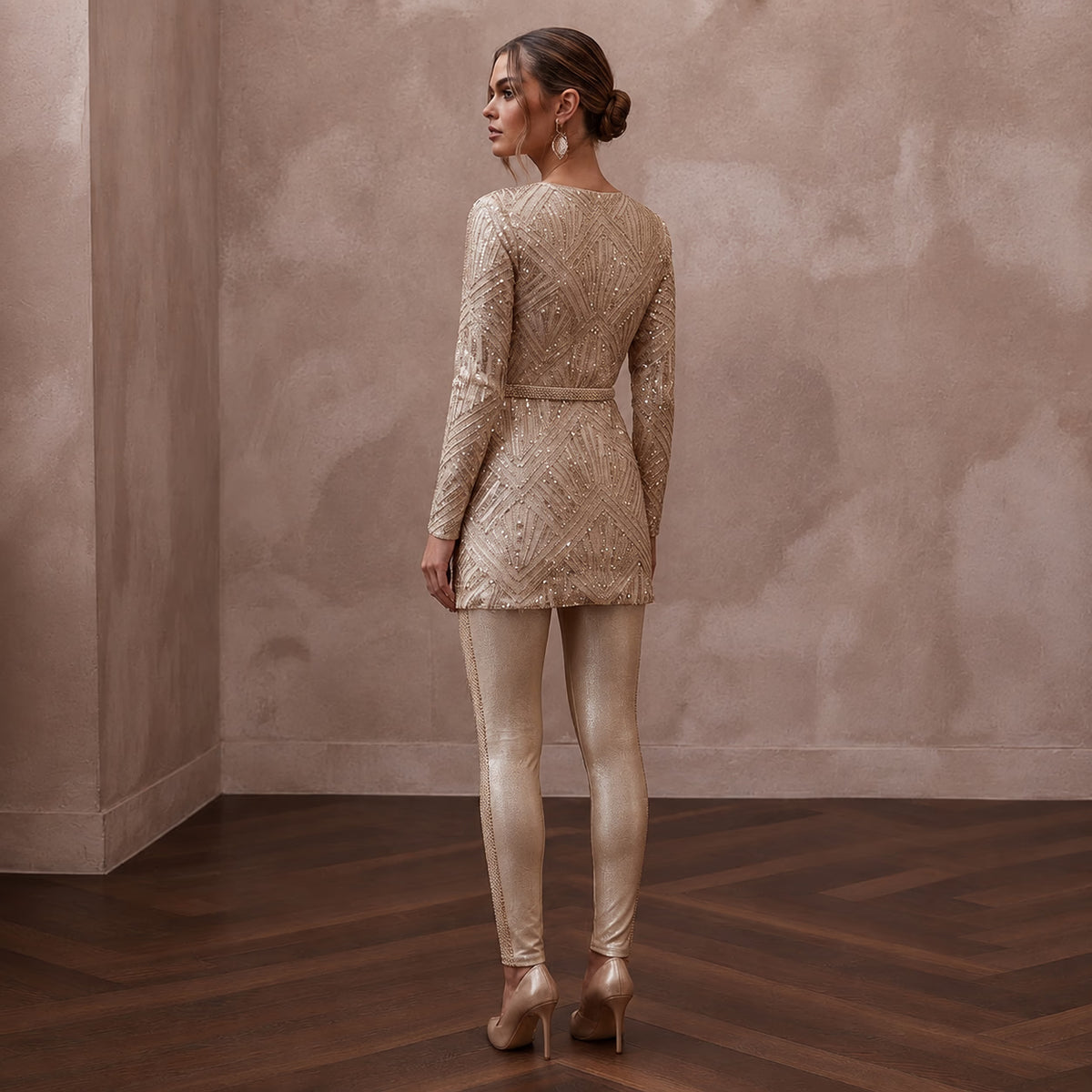 Modern Champagne Sequined Tunic & Legging Set for NYE Elopement - Apparel & Accessories > Clothing > Wedding & Bridal Party Dresses > Wedding Dresses - Mignonette Bridal