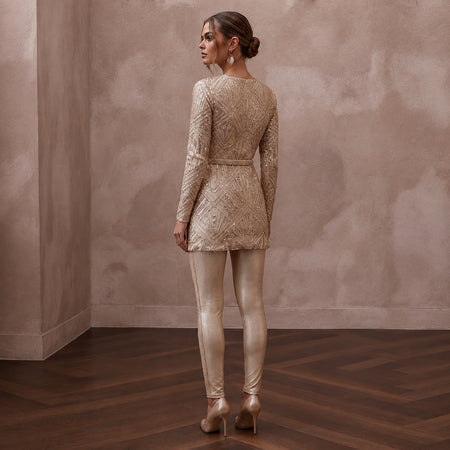 Modern Champagne Sequined Tunic & Legging Set for NYE Elopement - Apparel & Accessories > Clothing > Wedding & Bridal Party Dresses > Wedding Dresses - Mignonette Bridal