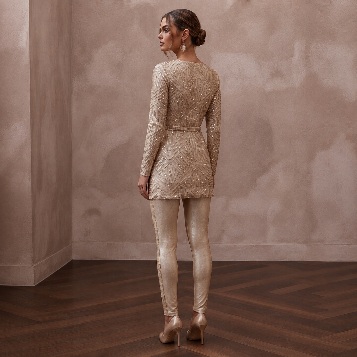 Modern Champagne Sequined Tunic & Legging Set for NYE Elopement Secondary image