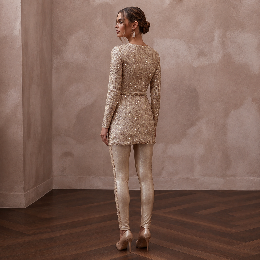 Modern Champagne Sequined Tunic & Legging Set for NYE Elopement