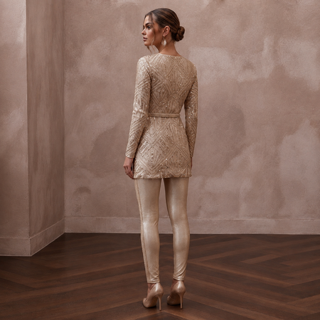 Modern Champagne Sequined Tunic & Legging Set for NYE Elopement