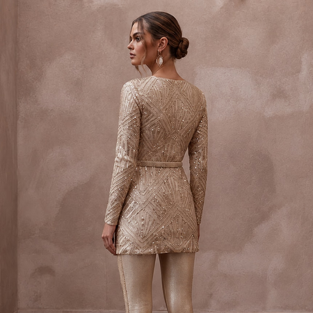 Modern Champagne Sequined Tunic & Legging Set for NYE Elopement - Apparel & Accessories > Clothing > Wedding & Bridal Party Dresses > Wedding Dresses - Mignonette Bridal