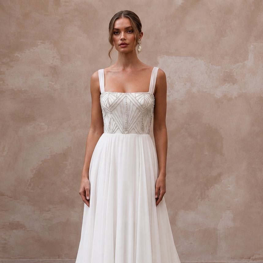 Modern Chiffon Bridal Gown with Square Neckline