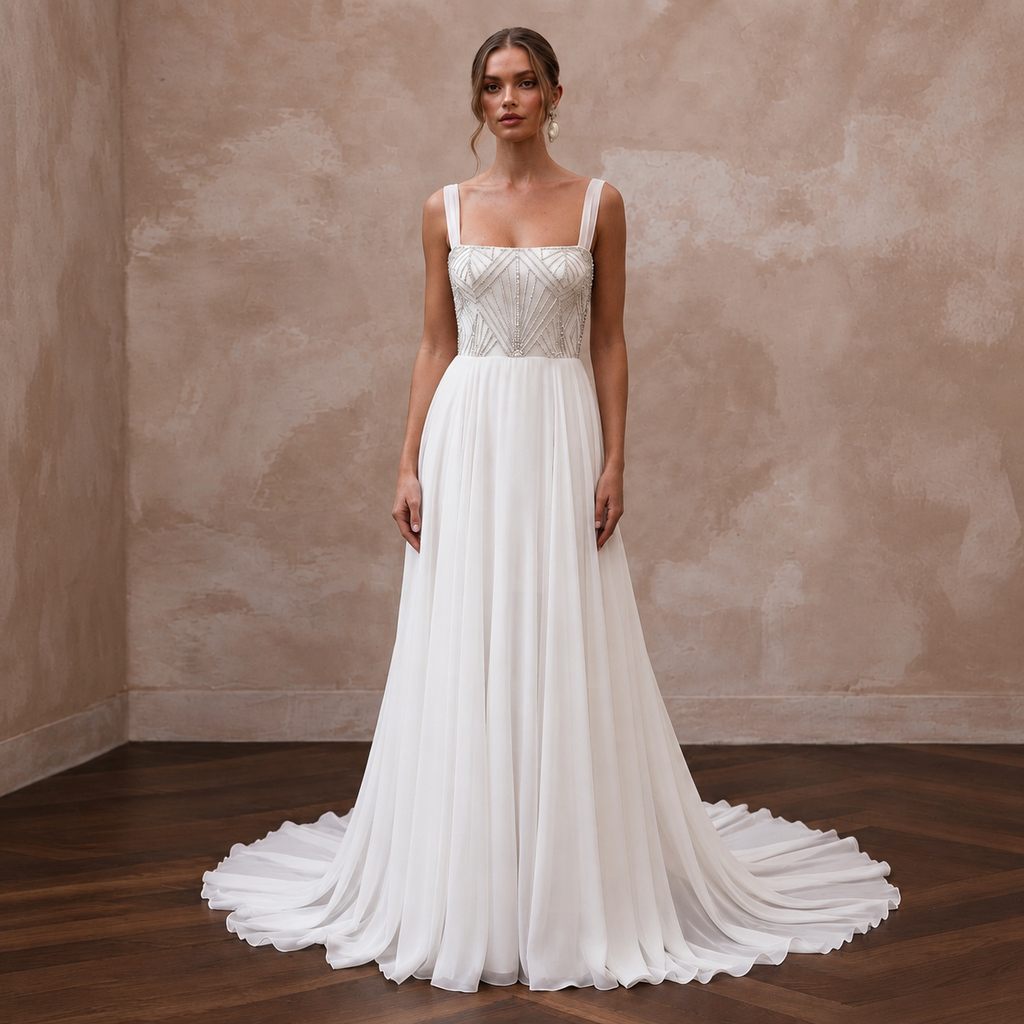 Modern Chiffon Bridal Gown with Square Neckline