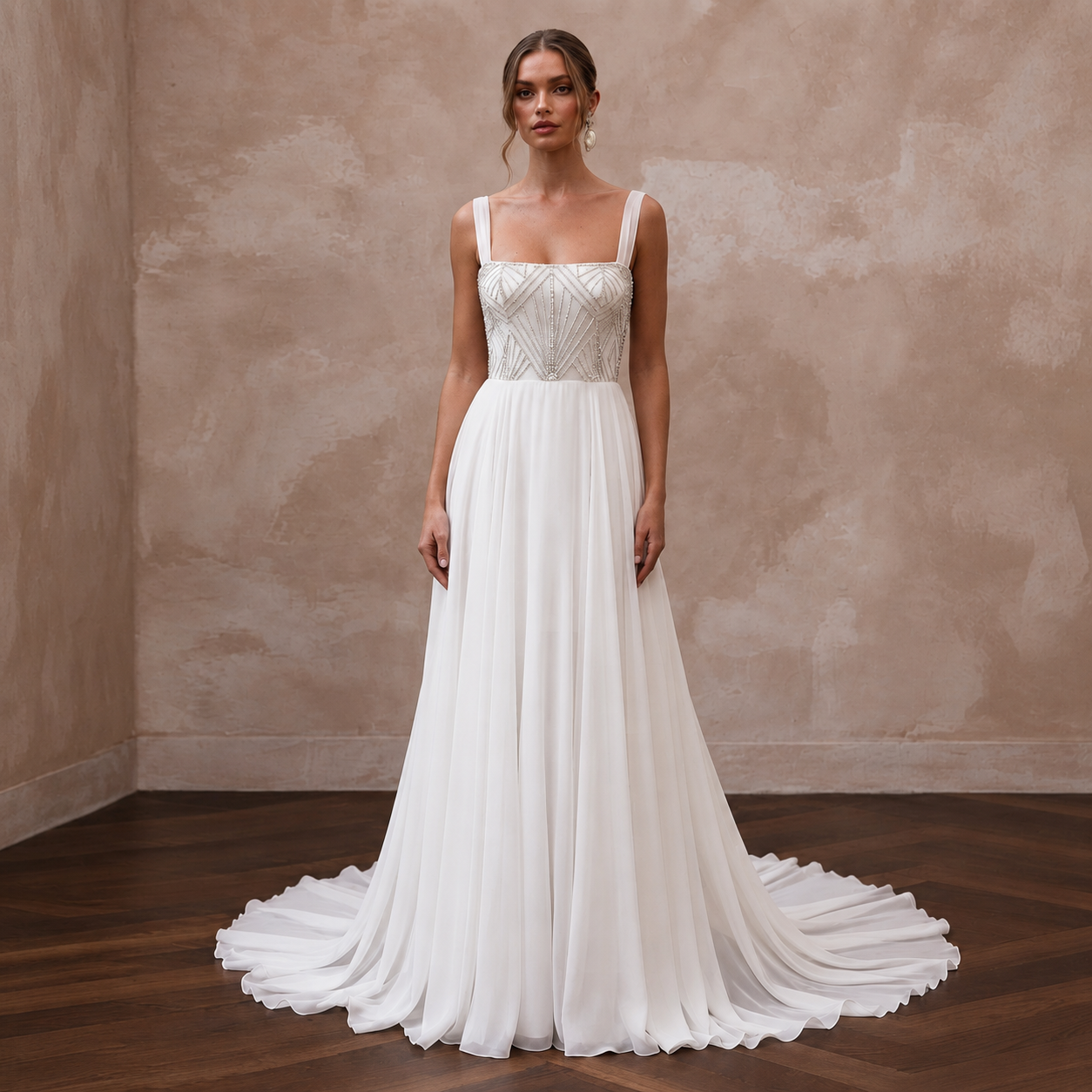 Modern Chiffon Bridal Gown with Square Neckline