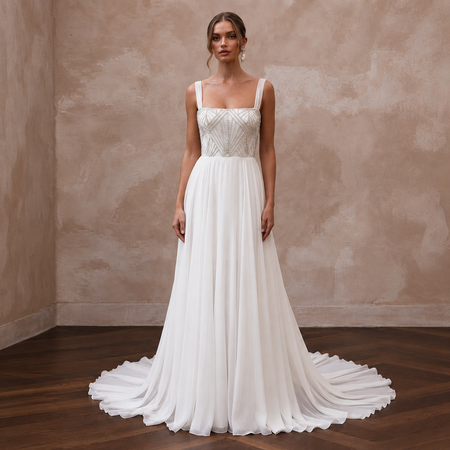 Modern Chiffon Bridal Gown with Square Neckline