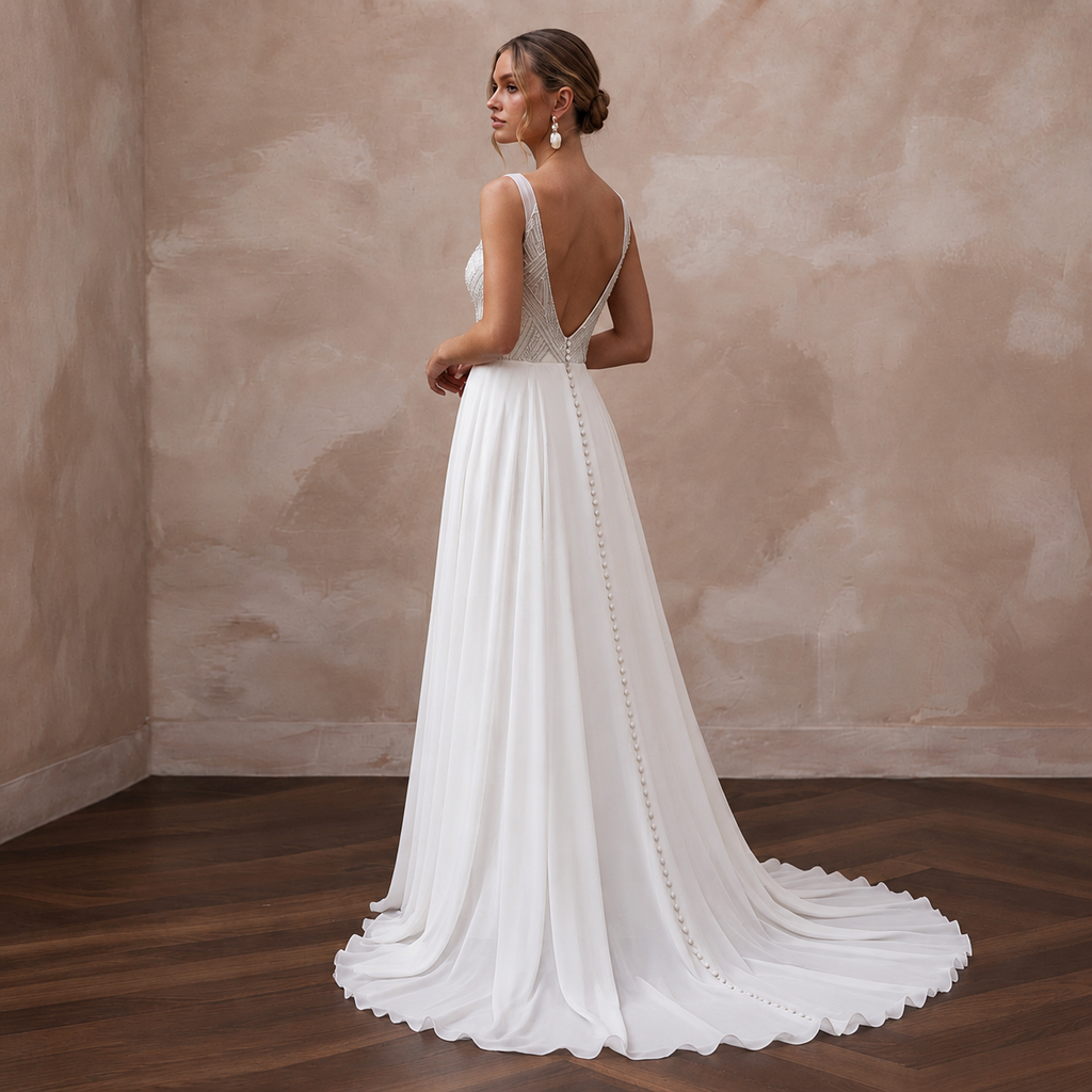 Modern Chiffon Bridal Gown with Square Neckline