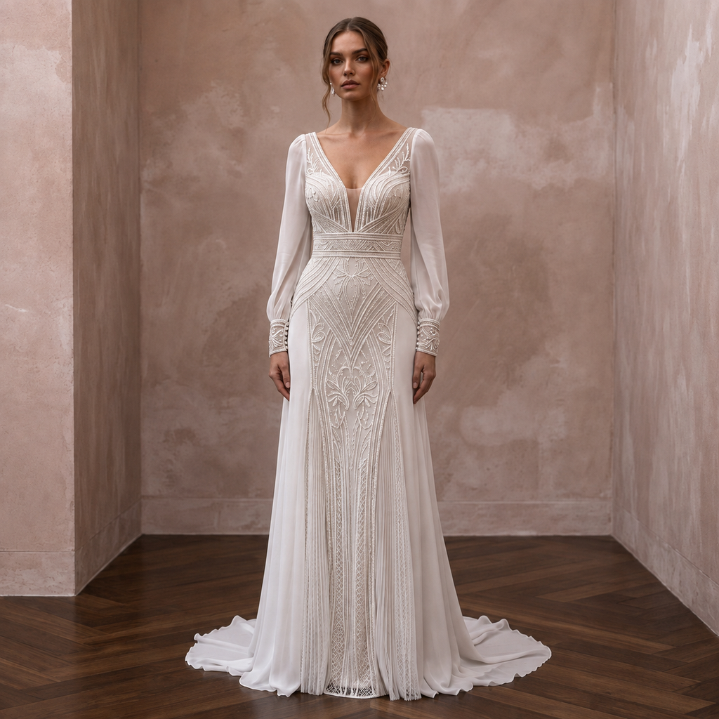 Modern Chiffon Wedding Dress for a Courthouse Elopement - Apparel & Accessories > Clothing > Wedding & Bridal Party Dresses > Wedding Dresses - Mignonette Bridal