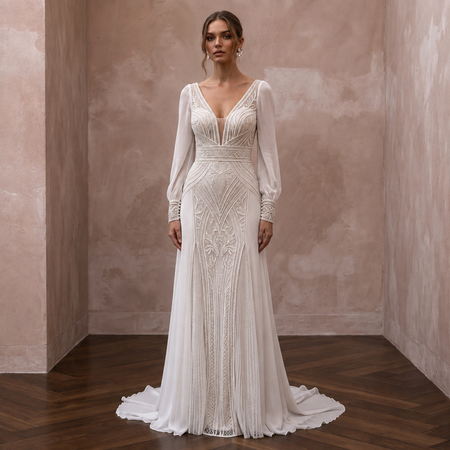 Modern Chiffon Wedding Dress for a Courthouse Elopement - Apparel & Accessories > Clothing > Wedding & Bridal Party Dresses > Wedding Dresses - Mignonette Bridal