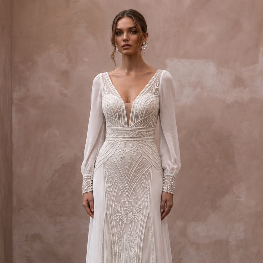 Modern Chiffon Wedding Dress for a Courthouse Elopement - Apparel & Accessories > Clothing > Wedding & Bridal Party Dresses > Wedding Dresses - Mignonette Bridal