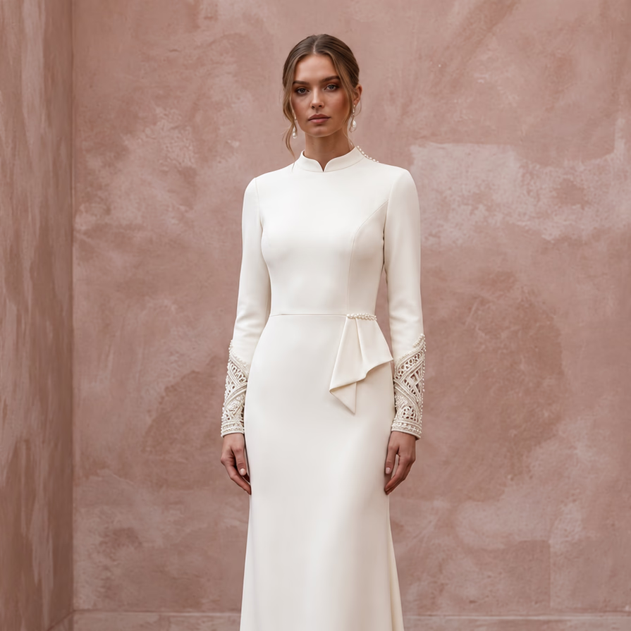 Modern Cream Crepe Long Sleeve Column Bridal Gown for Civil Ceremony