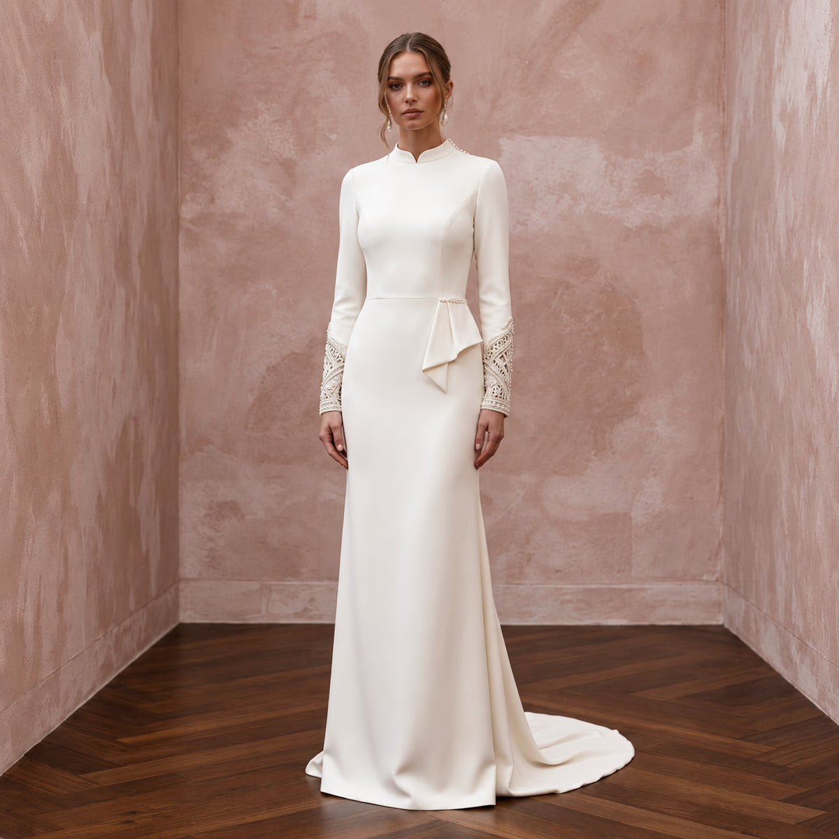 Modern Cream Crepe Long Sleeve Column Bridal Gown for Civil Ceremony - Apparel & Accessories > Clothing > Wedding & Bridal Party Dresses > Wedding Dresses - Mignonette Bridal Main image