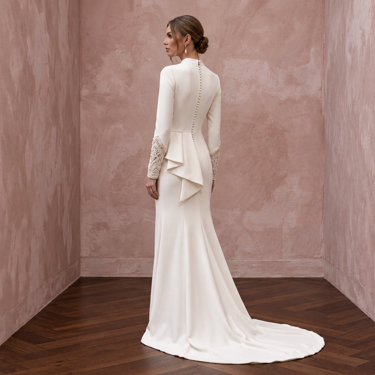 Modern Cream Crepe Long Sleeve Column Bridal Gown for Civil Ceremony