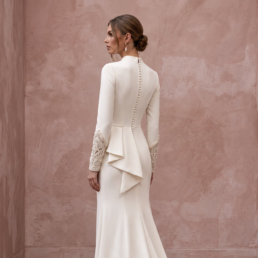 Modern Cream Crepe Long Sleeve Column Bridal Gown for Civil Ceremony
