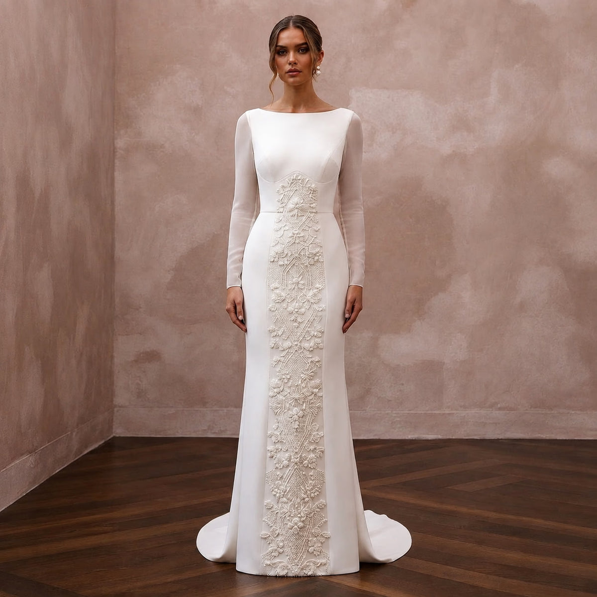 Modern Cream Crepe Long Sleeve Column for Civil Ceremony - Apparel & Accessories > Clothing > Wedding & Bridal Party Dresses > Wedding Dresses - Mignonette Bridal
