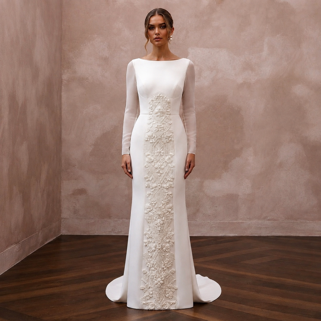 Modern Cream Crepe Long Sleeve Column for Civil Ceremony