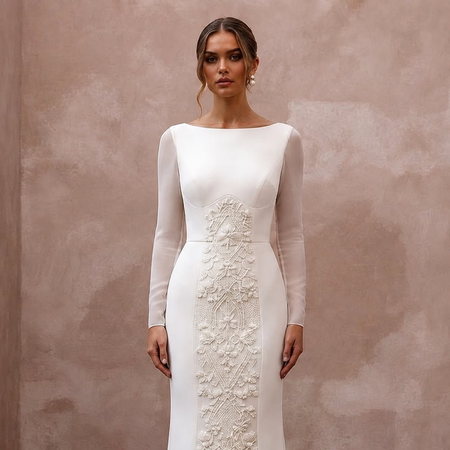 Modern Cream Crepe Long Sleeve Column for Civil Ceremony - Apparel & Accessories > Clothing > Wedding & Bridal Party Dresses > Wedding Dresses - Mignonette Bridal