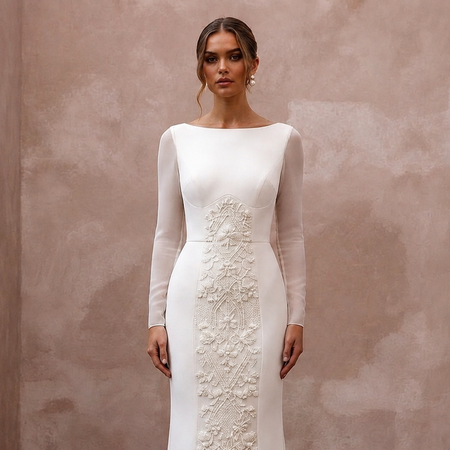 Modern Cream Crepe Long Sleeve Column for Civil Ceremony