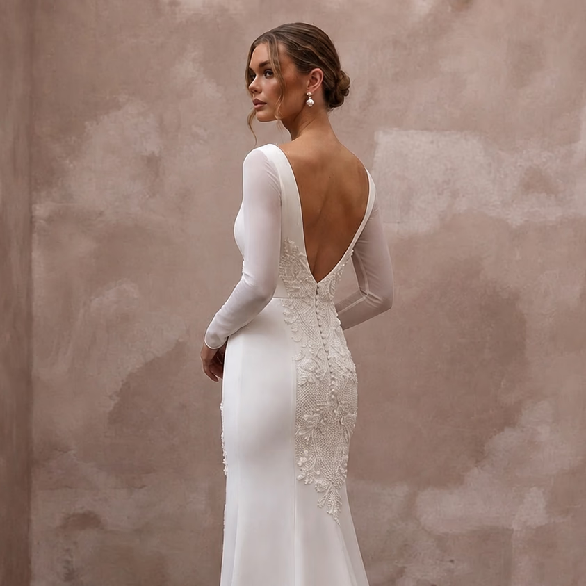 Modern Cream Crepe Long Sleeve Column for Civil Ceremony - Apparel & Accessories > Clothing > Wedding & Bridal Party Dresses > Wedding Dresses - Mignonette Bridal