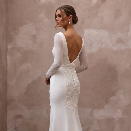 Modern Cream Crepe Long Sleeve Column for Civil Ceremony - Apparel & Accessories > Clothing > Wedding & Bridal Party Dresses > Wedding Dresses - Mignonette Bridal