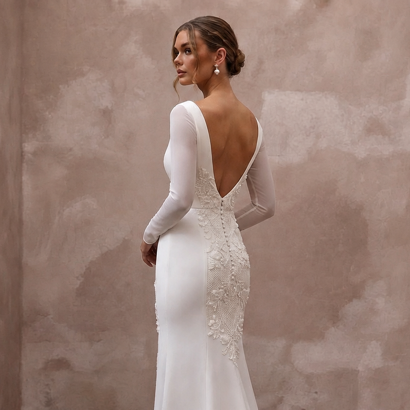 Modern Cream Crepe Long Sleeve Column for Civil Ceremony