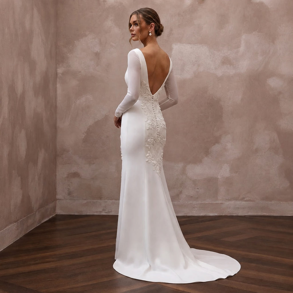 Modern Cream Crepe Long Sleeve Column for Civil Ceremony - Apparel & Accessories > Clothing > Wedding & Bridal Party Dresses > Wedding Dresses - Mignonette Bridal