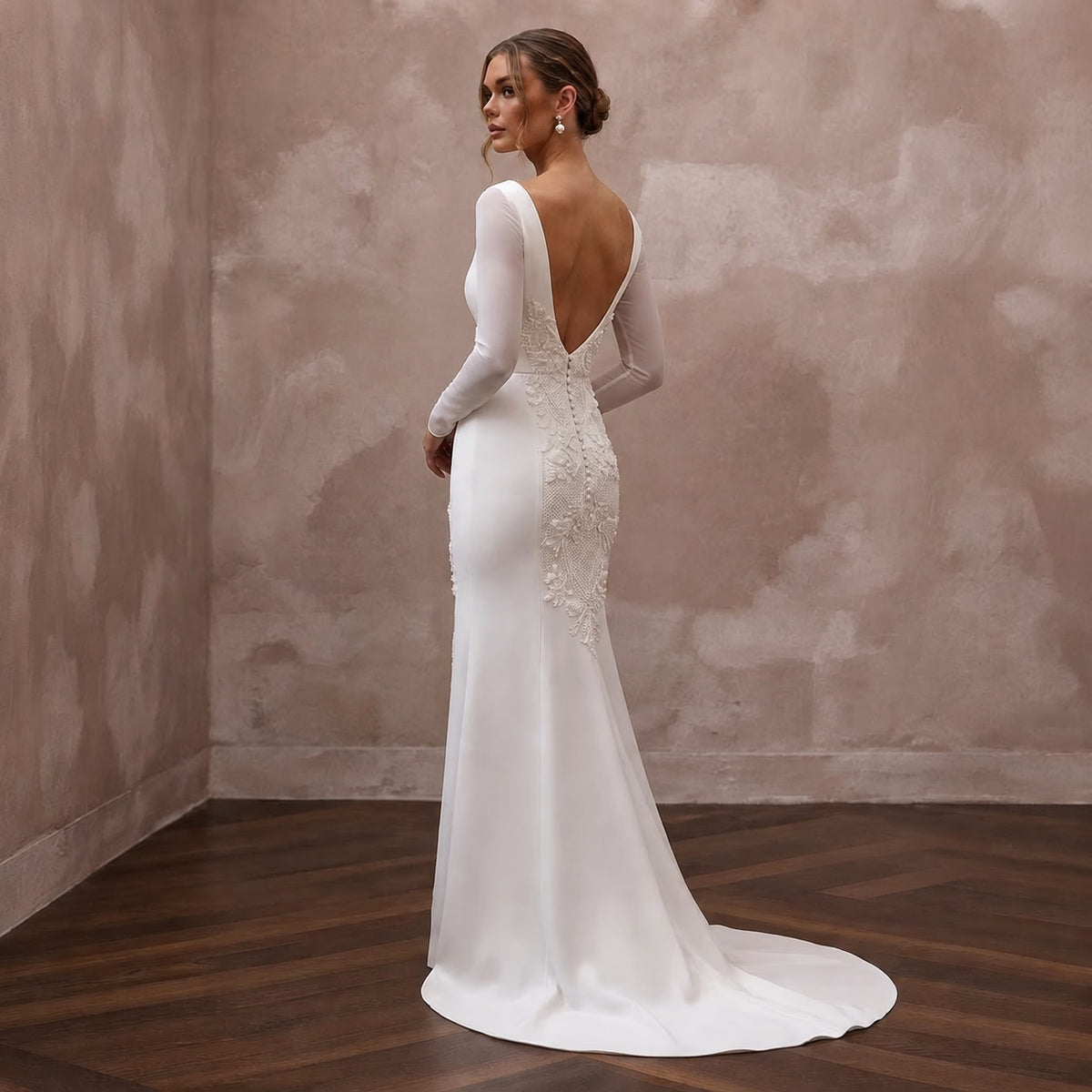 Modern Cream Crepe Long Sleeve Column for Civil Ceremony - Apparel & Accessories > Clothing > Wedding & Bridal Party Dresses > Wedding Dresses - Mignonette Bridal